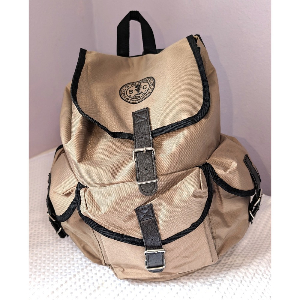 Vintage Sierra Club Backpack Tan Nylon Canvas Faux Leather Logo 14x6.5x10 inches